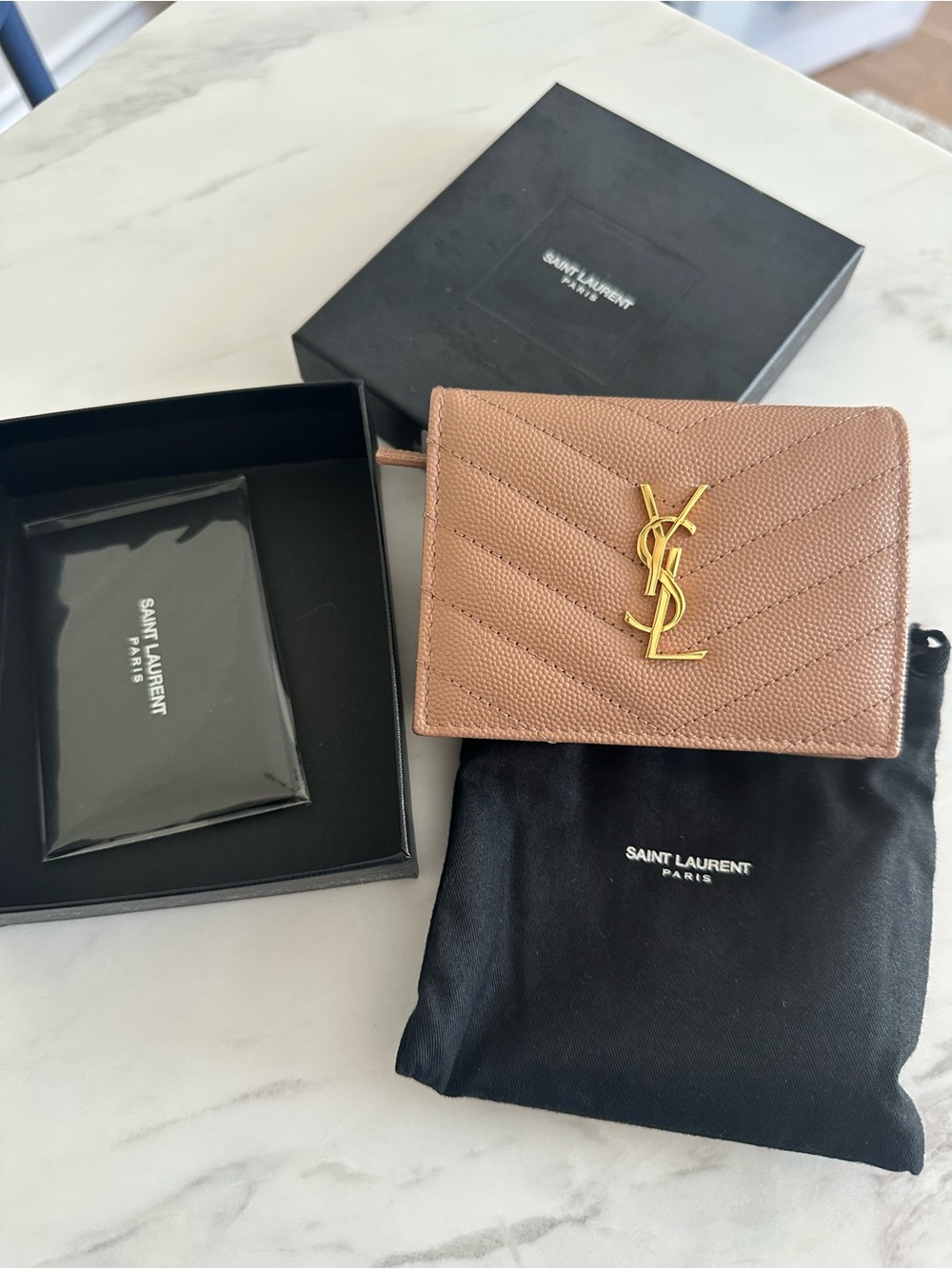 Saint Laurent Small Quilted Wallet in Tan/Beige with Gold YSL Logo